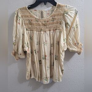 ACOS&A Boho Floral Light Yellow Smocked Blouse Sz M